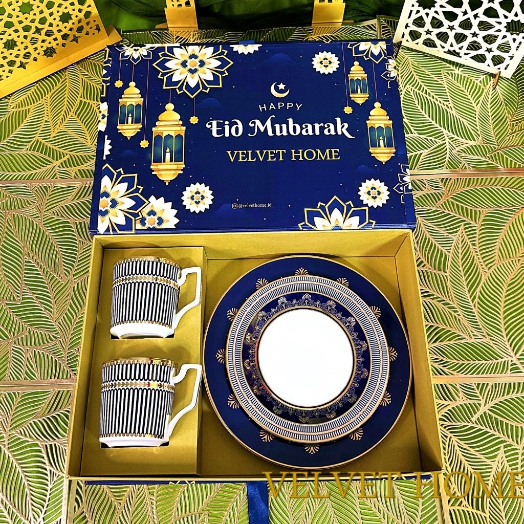 Hampers set piring mug gelas biru garis lebaran idul fitri wedding imlek natal parcel hampers motif 