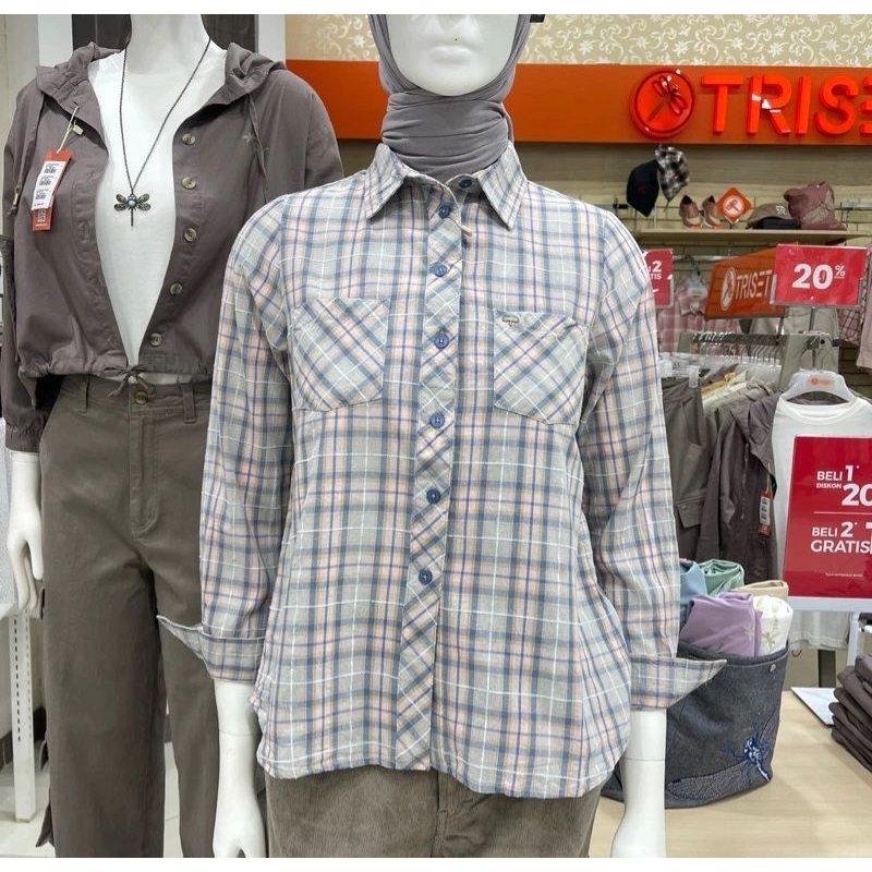 TRISET Casual Kemeja kotak wanita original size S-XL