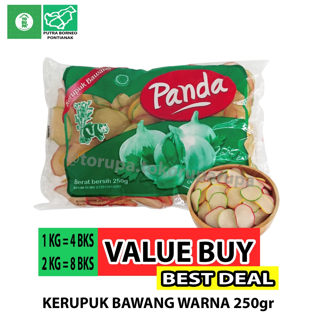 

Kerupuk Mentah Bawang Warna 250gr cap Panda / Krupuk Bawang Mentah / Kerupuk Murah