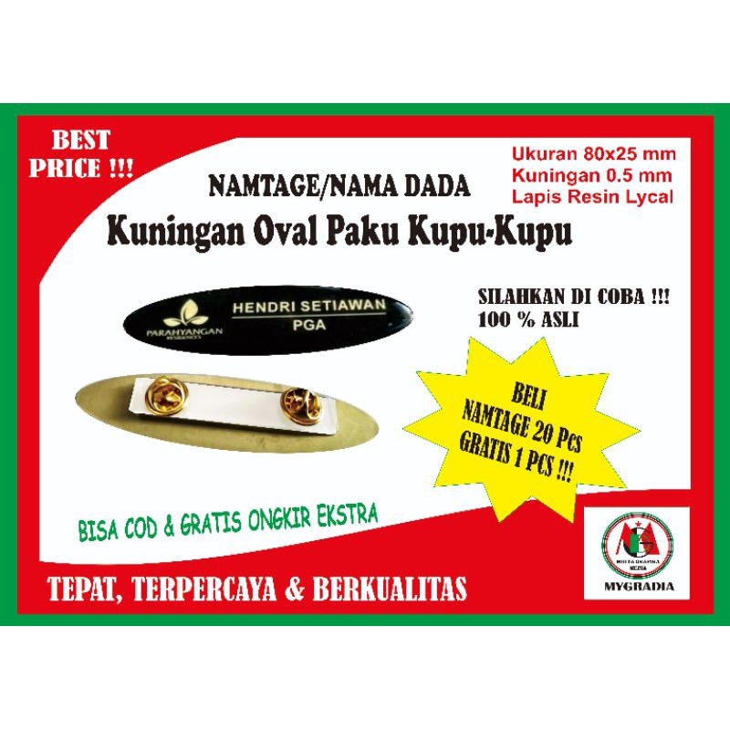 

Name tag / Nama Dada Kuningan Oval Paku Kupu-kupu 8x2,5 cm