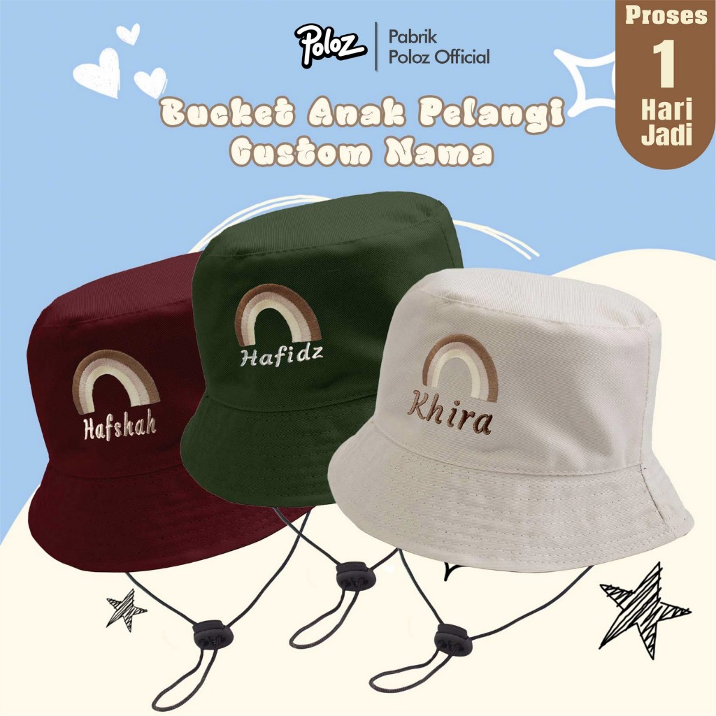 BUCKET BORDIR NAMA PELANGI NAMA TOPI BUCKET NAMA ANAK BAYI TOPI BUCKET ANAK TALI NAMA MOTIF JERAPAH 