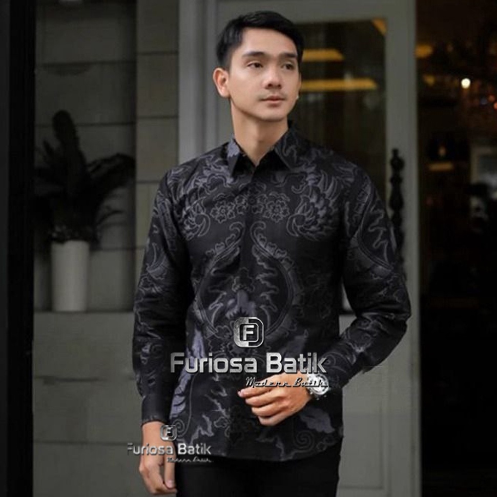 ART H78Q Furiosa Batik Shopee Mall Mahkota Abu Kemeja Batik Pria Lengan Panjang Ukuran M L XL XXL