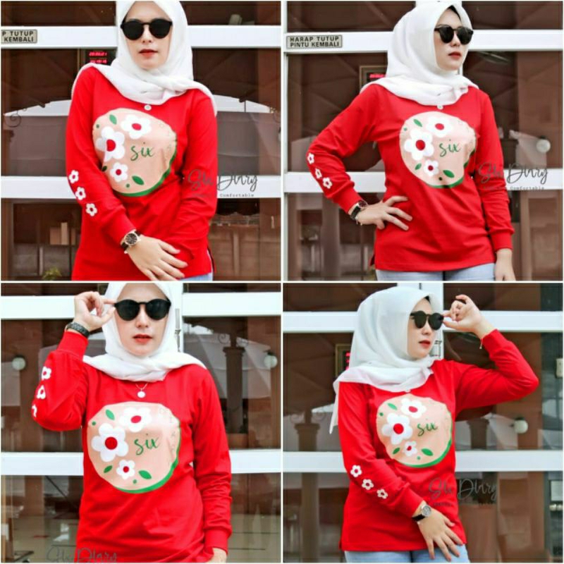Kaos six diary viral kaos atasan wanita merah kaos six diary terbaru kaos merah lengan panjang wanit