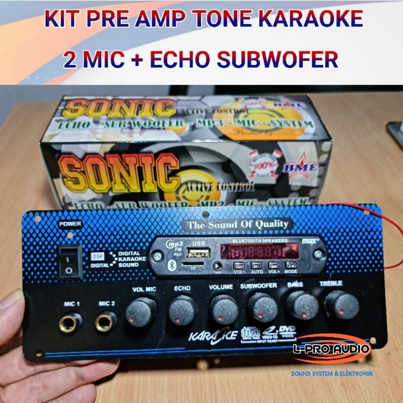 Kit pre amp tone control karaoke stereo 2 mic echo subwofer mp3 Sonic