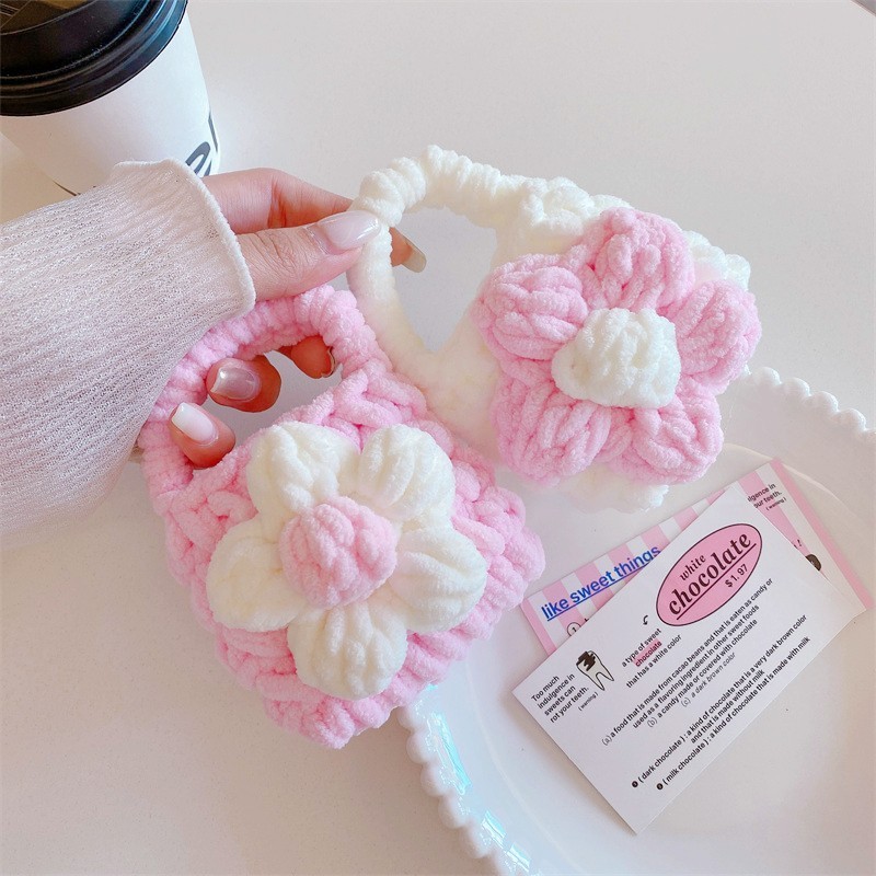 Universal Earphone Case rajut bunga lucu Bluetooth earphone wireless headset earbud headphone case d