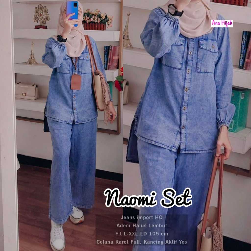 Naomi one set jeans  import halus. setelan wanita celana panjang full karet by ana