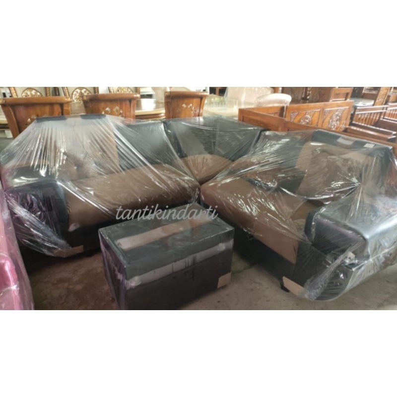 1 SET SOFA L MINIMALIS KOMBINASI HITAM COKLAT