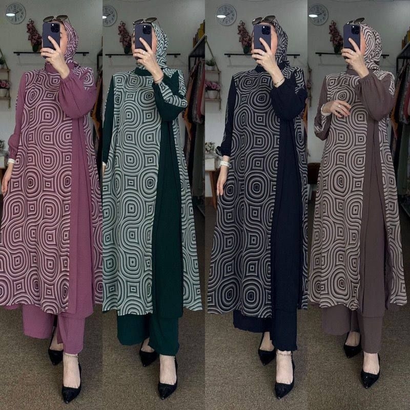NEW ONE SET VALEYA SETELAN WANITA CELANA TUNIK BAHAN RAYON MOTIF GARIS ABSTRAK ESTETIK,