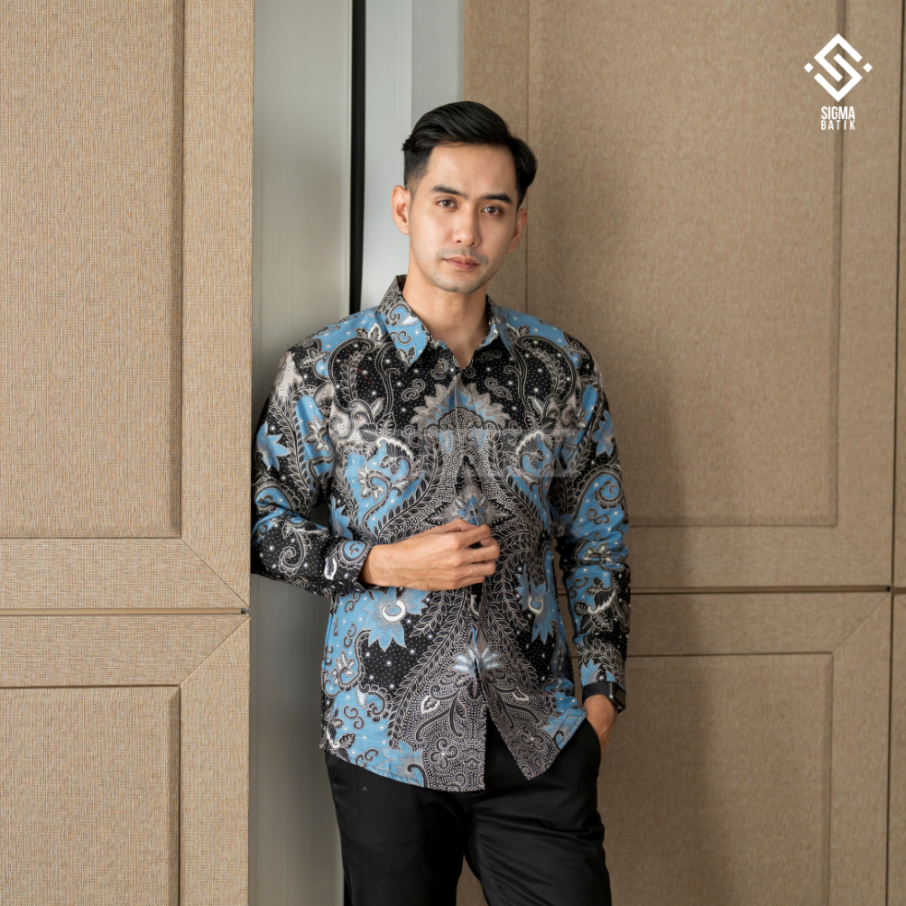 BEDROS Kemeja Batik Pria Lengan Panjang Biru Hitam Lapis Furing