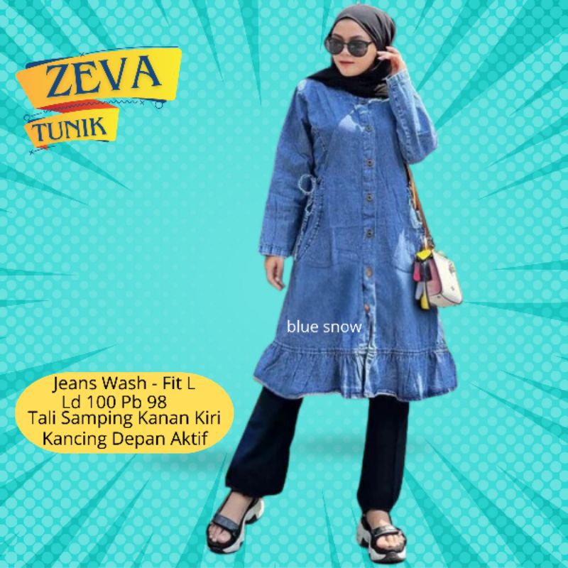 Zeva Tunik Jeans Ld 100 Pb 98 matt Jeans Wash Atasan Wanita Lengan Panjang Kancing Aktif Tali Sampin