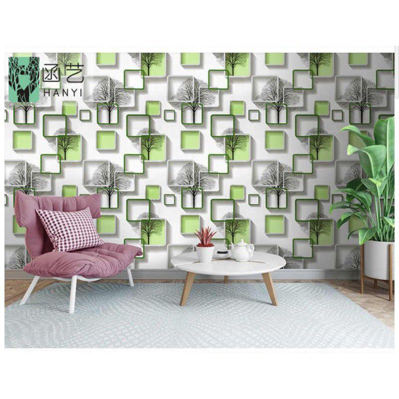 Wallpaper Dinding Sticker Dinding 3D Kotak Pohon Hijau Minimalis Ruang Tamu Premium
