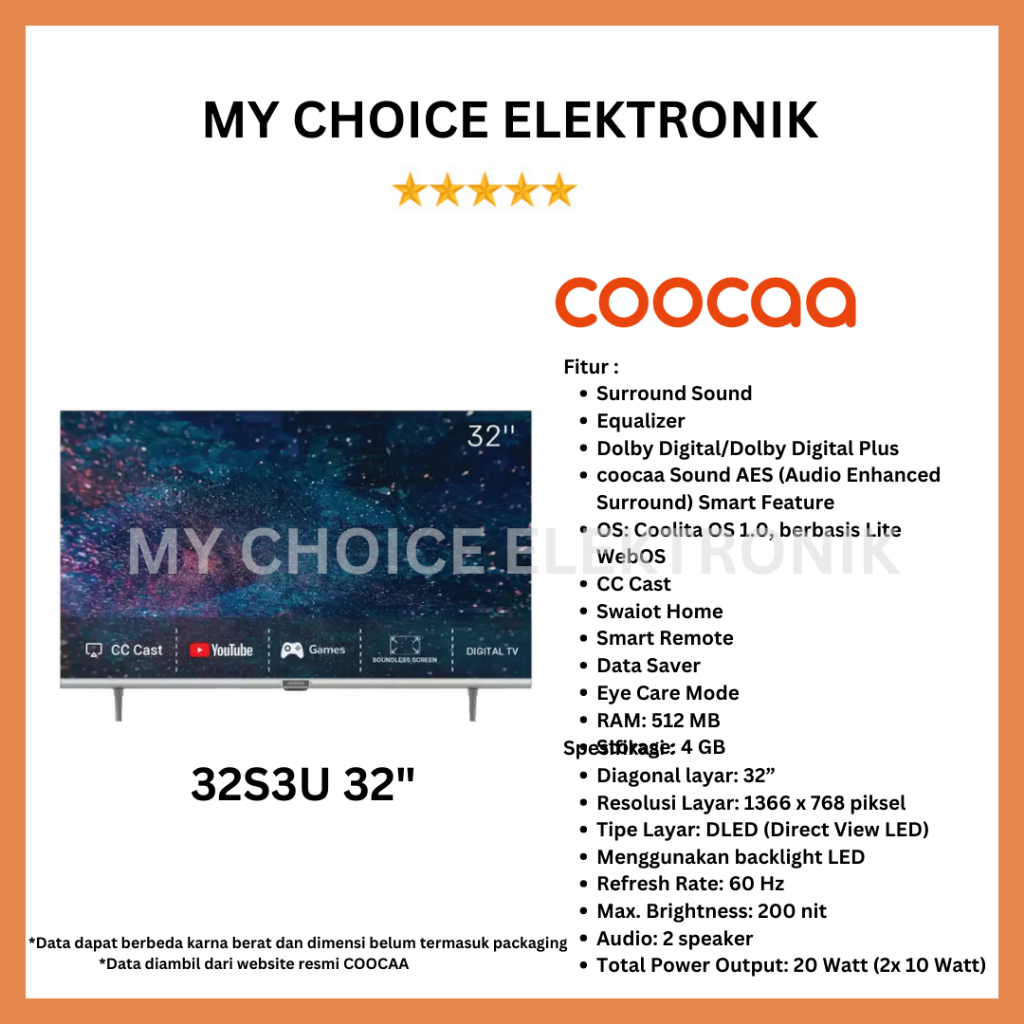 COOCAA Smart TV 32S3U 32 inch Digital TV| 32S3U 32" Smart TV