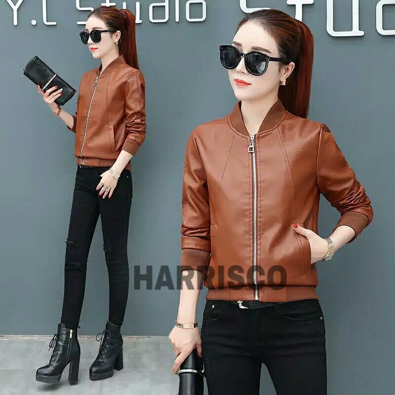 jaket kulit wanita style korea simple
