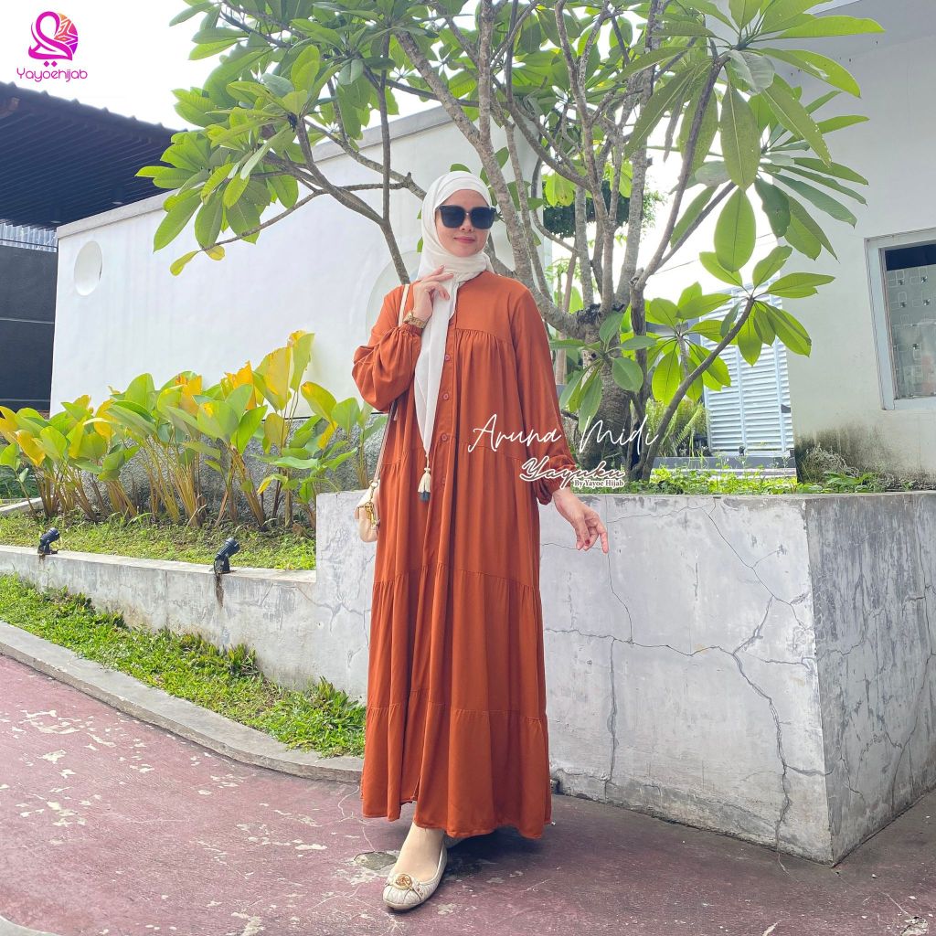 Aruna Midi Dress Bahan Rayon Twill Fashion Muslim Polos Yayuku by Yayoe Hijab