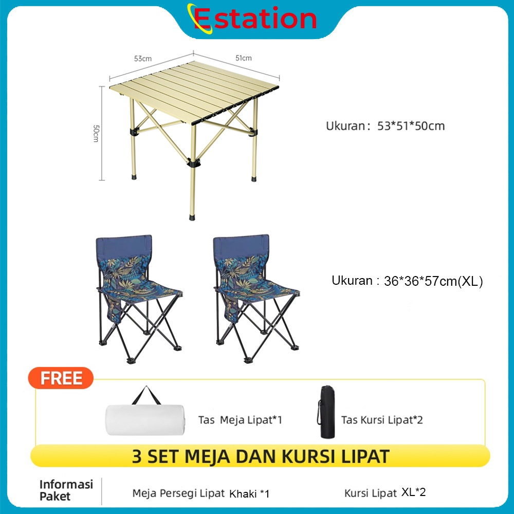 Estation - Meja Lipat Persegi Dan Kursi *2pcs Full Set / Meja Lipat Outdoor Kursi Lipat Camping