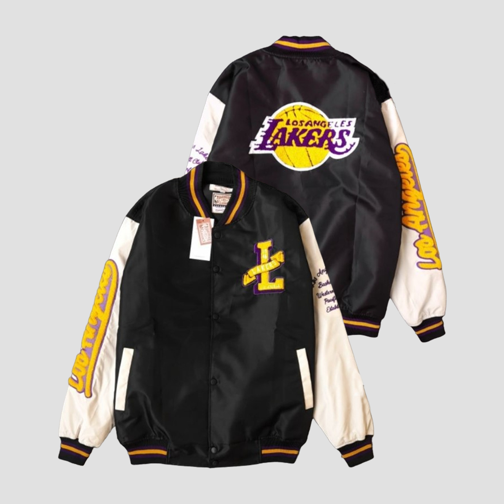 Zylion - Varsity Los Angeles Laker's Black Cream Bomber Jacket Casual Vintage Full Embroidery