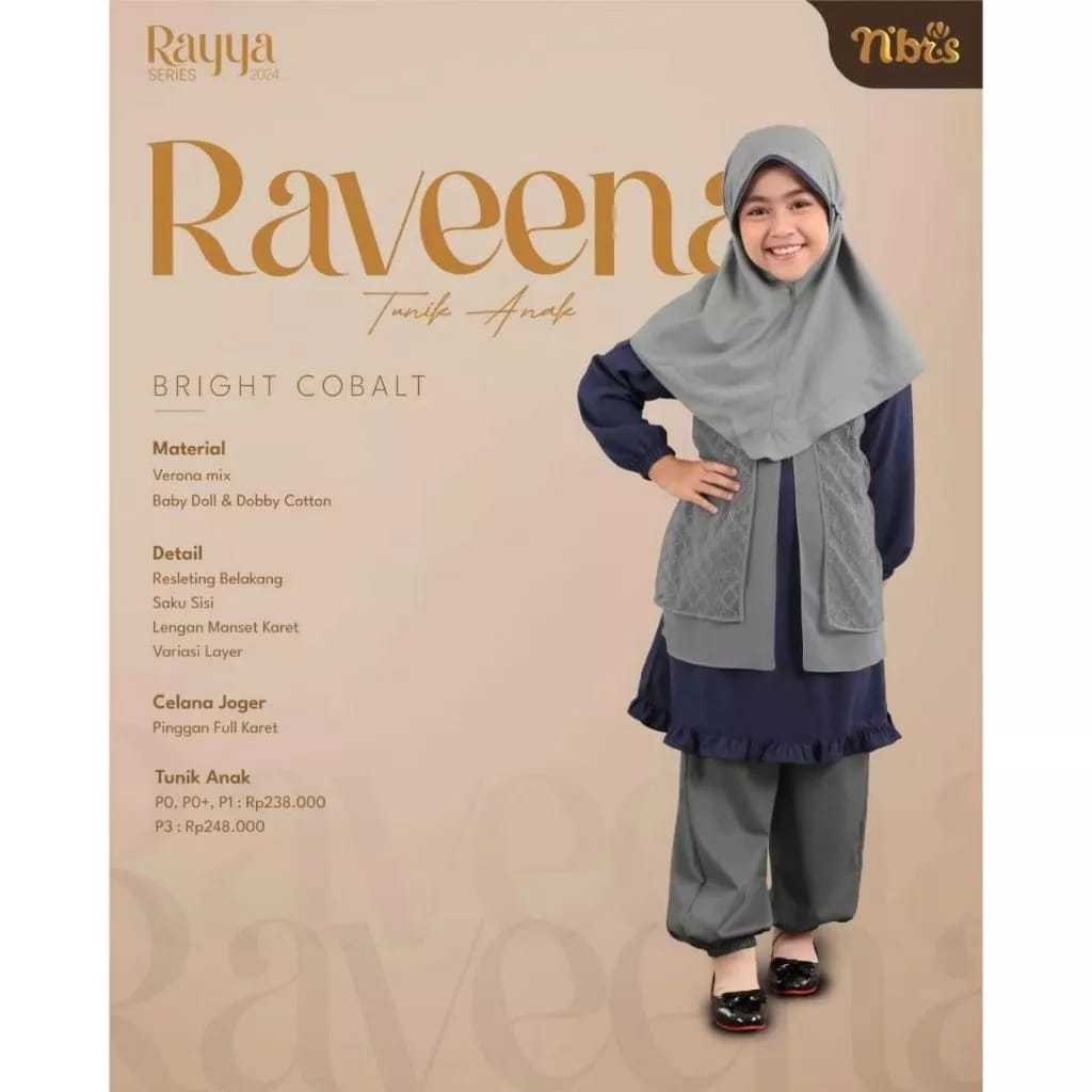 SETELAN ANAK ATAS BAWAH  NIBRAS & GAMIS ANAK NIBRAS RAYYA SERIES RAVEENA BLUE