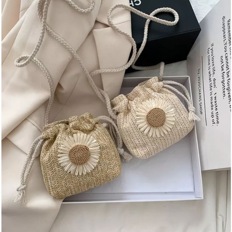 Tas Selempang Wanita sling bag hand bag Bucket Serut Rajut Tas Selempang Bucket Serut Bahan Anyaman 