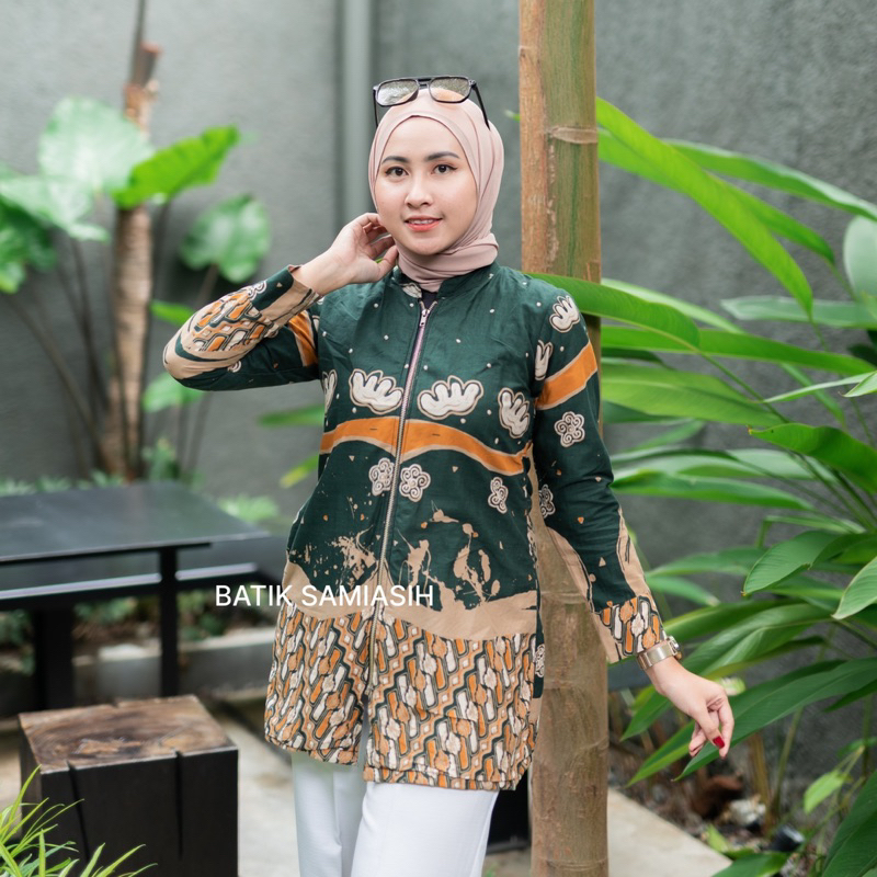Tunik Batik Modern Wanita Katun Premium Motif Bunga Parang Hijau Terbaru Kekinian Full Trikot Zipper