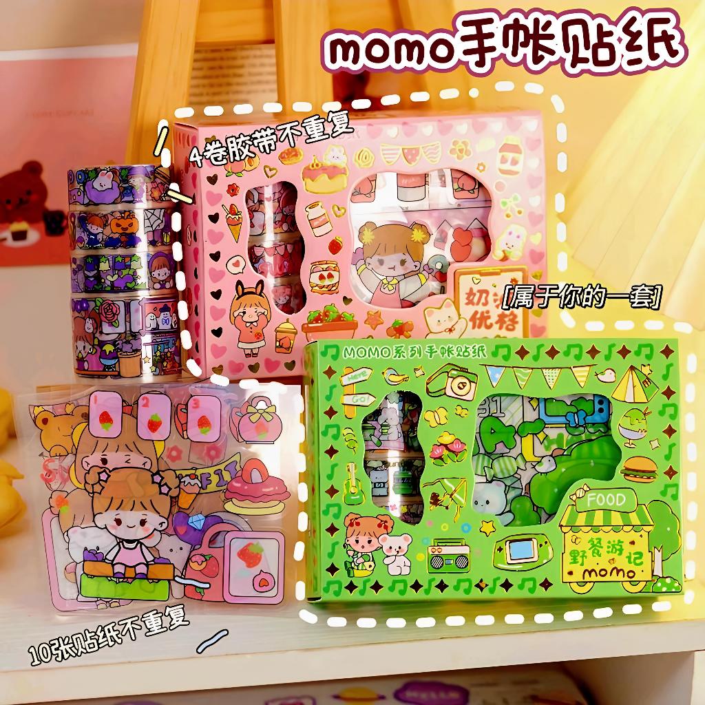 

Sticker Momo Roll |4 Roll 10 Lembar |Bahan PET| Anti Air Sticker Aesthetic 2D Transparan