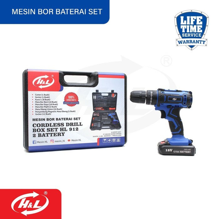 Mesin Bor set Box Hnl HL912/Bor cordless Drill 18 Volt/Bor 2 Baterai Merk H&L 912