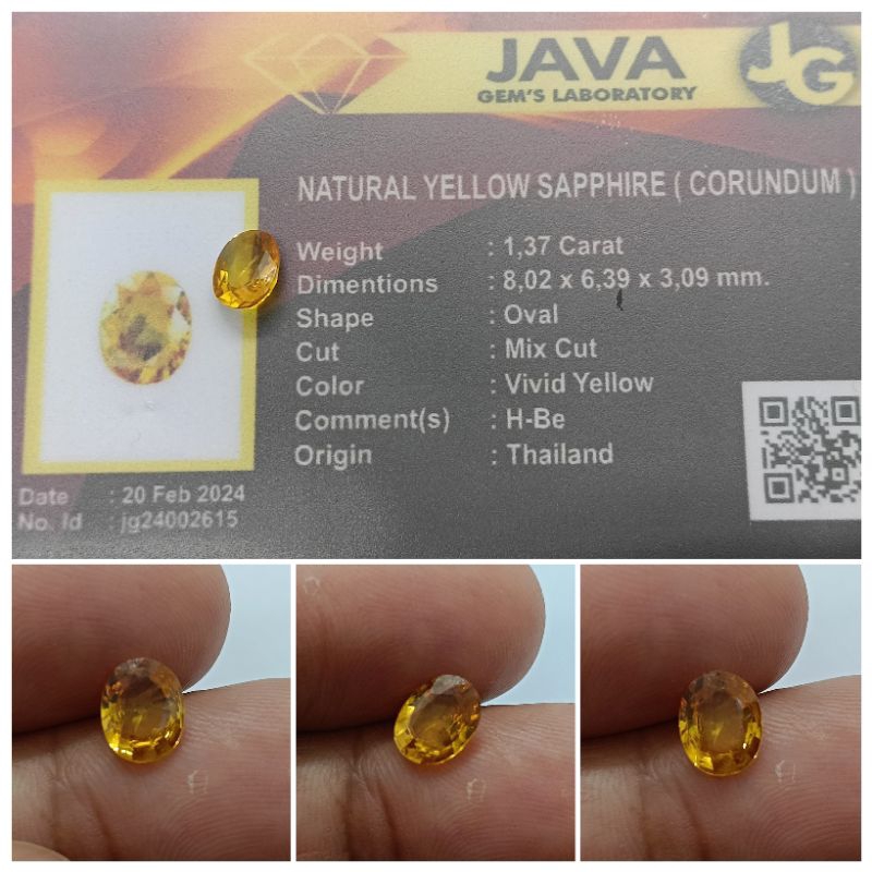 Natural Yellow sapphire Thailand HBe 1,37 ct memo GLI Luster bagus