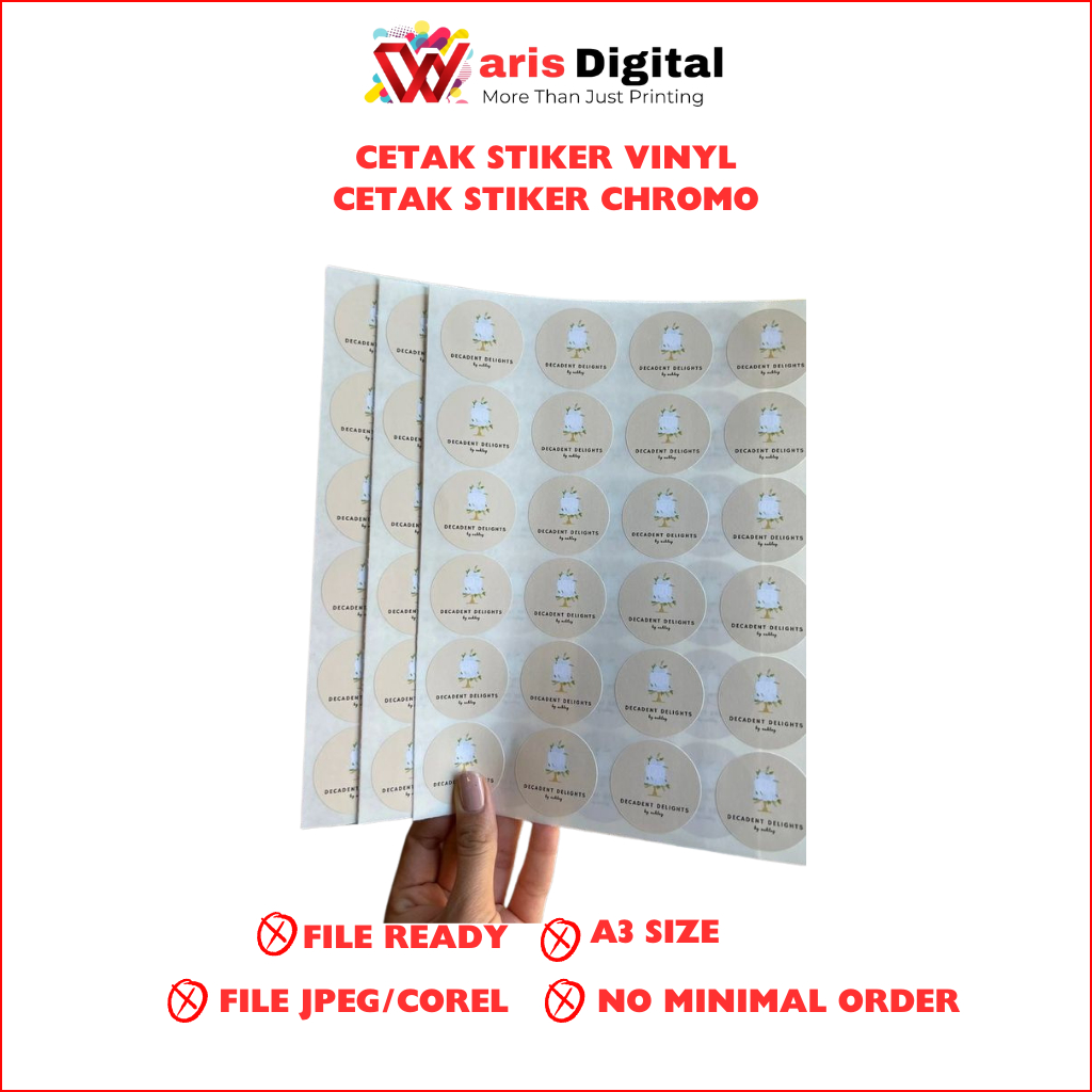 

Cetak Stiker A3+ Chromo Vinyl Custom Label Kemasan Packaging Makanan Minuman Berkualitas