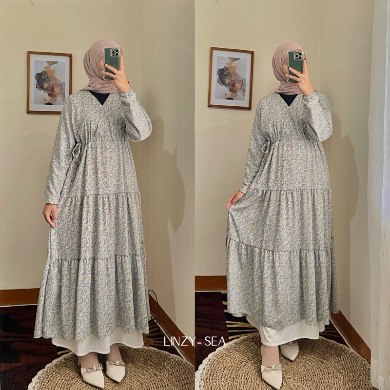 LINZY DRESS | midi gamis tunik Crepe Premium motif bunga kembang kecil