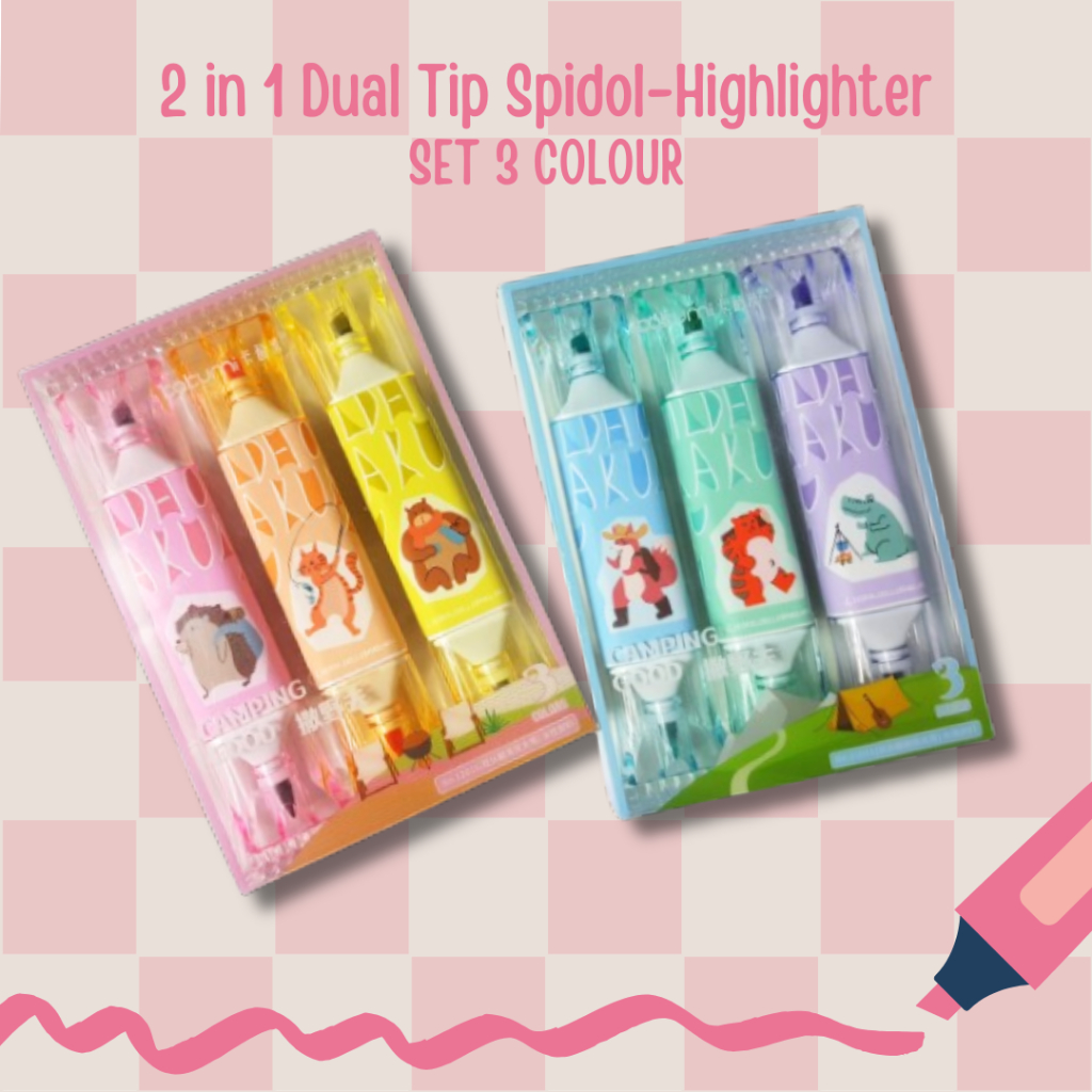

[PCS] 2 IN 1 DUAL TIP SPIDOL+HIGHLIGHTER 3 WARNA KARAKTER LUCU FANCY 12011