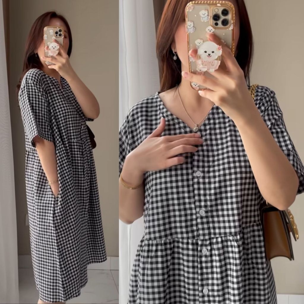 Uxuclo Dress Pesta Wanita Casual Full Kancing Motif Kotak Matt Katun Poplin Premium/Dres Wanita Keki