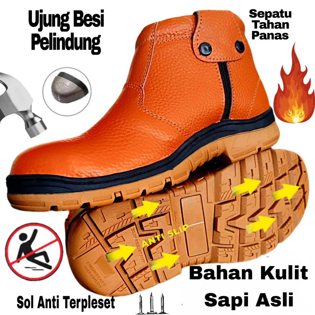 Sepatu Safety Risleting Tahan Paku Kulit Sapi Asli Tahan Bakar Ujung Besi Keselamatan Kerja Pabrik P