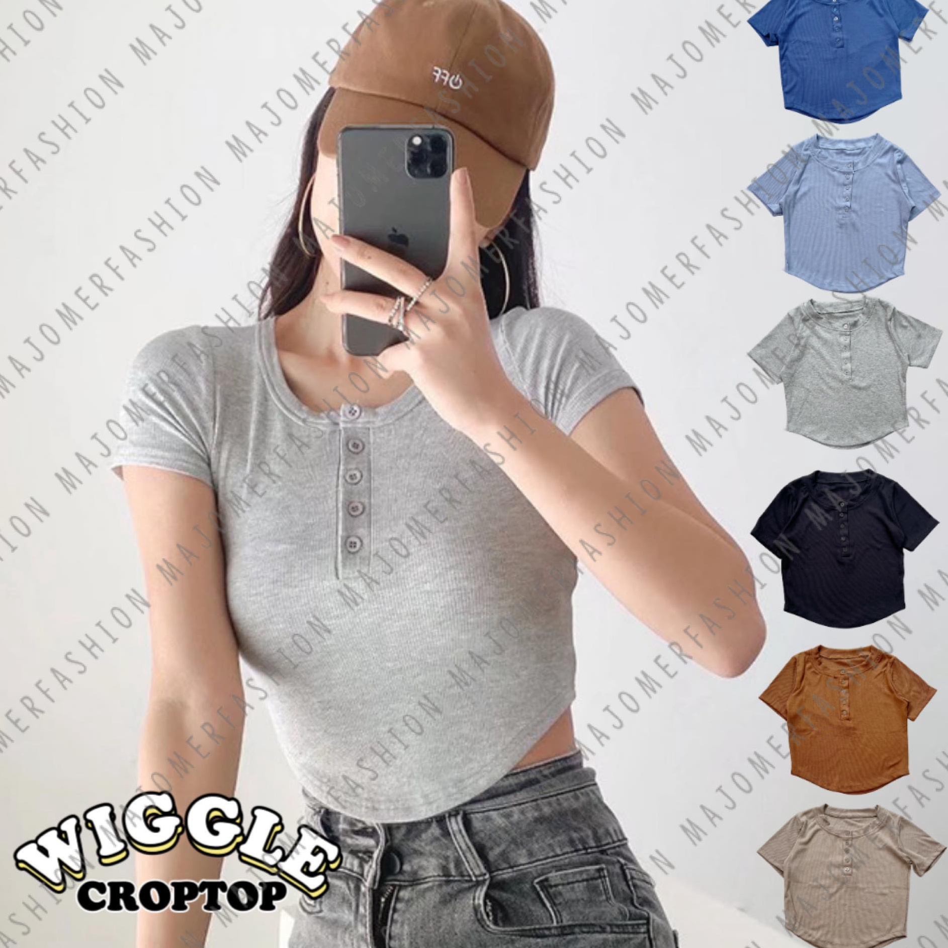 Beli Sekarang  Majomer  Wiggle Crop Top Lengan Pendek  Atasan Wanita Kancing Rib Crop