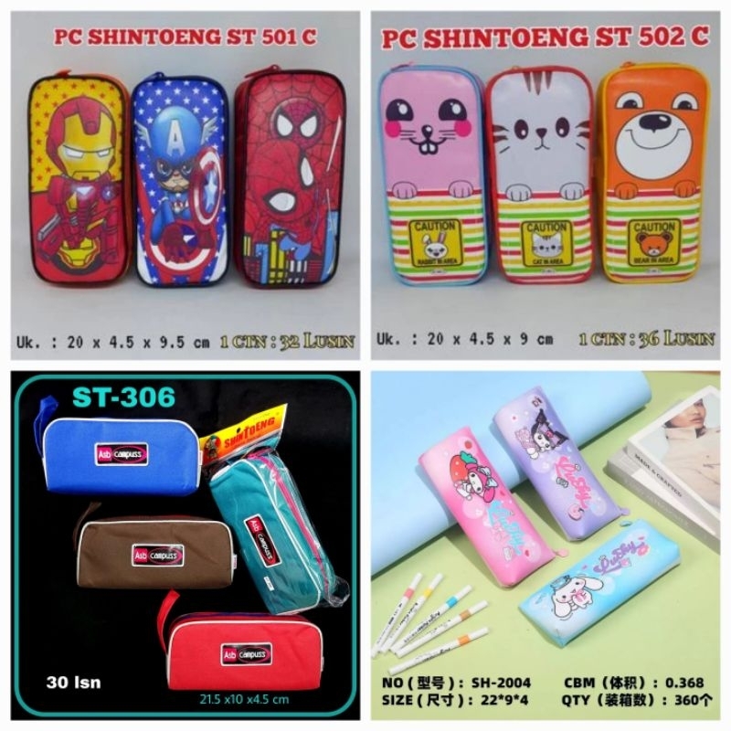 

Tempat/Kotak Pensil Kain Kantong Depan Shin Toeng SNR Super Heroes 306/KUCING CAT 820A/Boba Bear 1072/ 502 c 501C 504C 308/BD 177 828