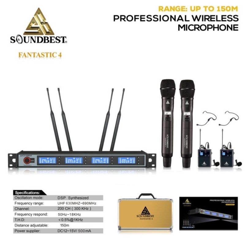 Mic Wireless Soundbest Fantastic 4 Original Pegang Jepit Headset 4 Mic Plus Koper