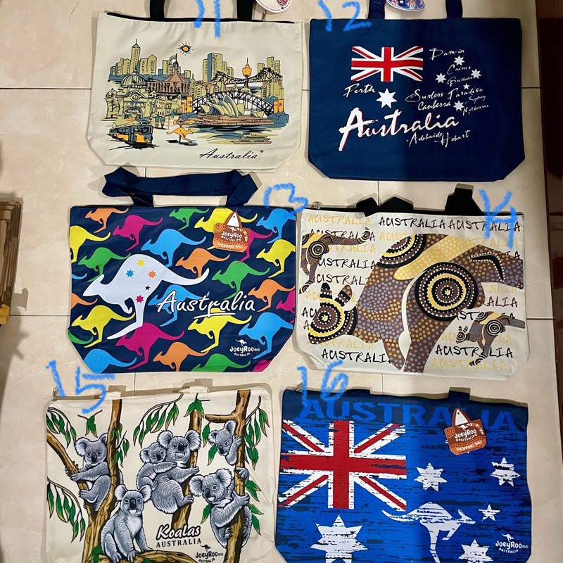 

Ori souvenir australia shopping bag/ tas tote besar (kangaro aborigin hitam/putih,koala,kangaro htm)