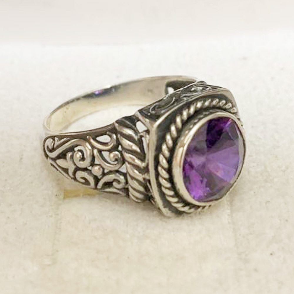 Cincin Ring Perak Silver Bali Asli 925 Ukir Tali Air Batik Batu Natural Ungu Kecubung Amethyst Pria 