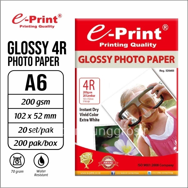 E-print Glossy Photo Paper A6 4R 200 Gsm Polaroid Kertas Foto – Pack (20 Lembar)