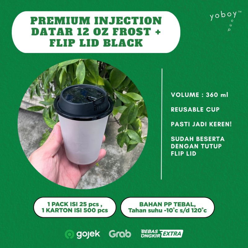Romia_Rosie Cup Premium Injection Datar 12Oz Frost Doff + Tutup Injection (Hanya Polosan) Per Pack