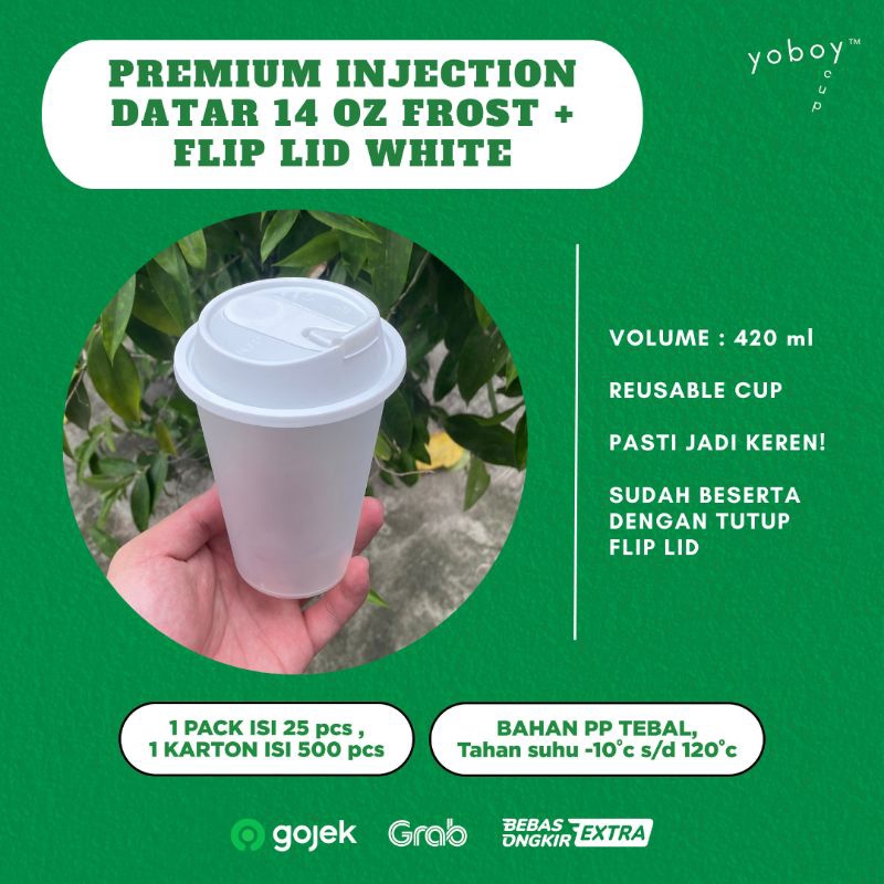 CUP PREMIUM INJECTION DATAR 14oz FROST DOFF + TUTUP LID INJECTION ISI PER PACK 50 Pcs
