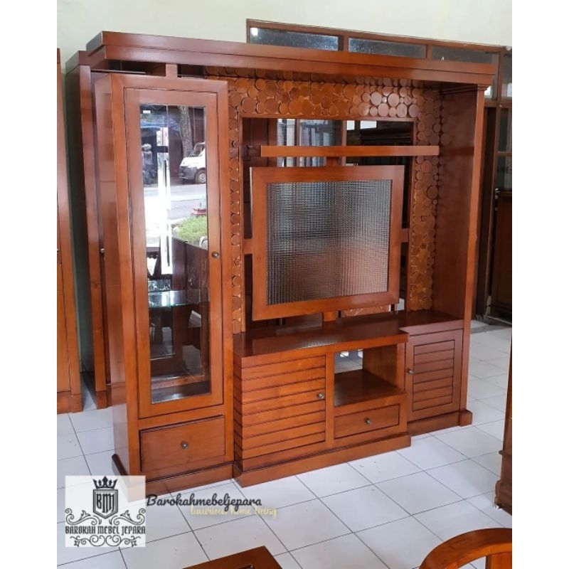 Partisi TV kayu jati minimalis , Bufet TV partisi minimalis , konsol TV jati