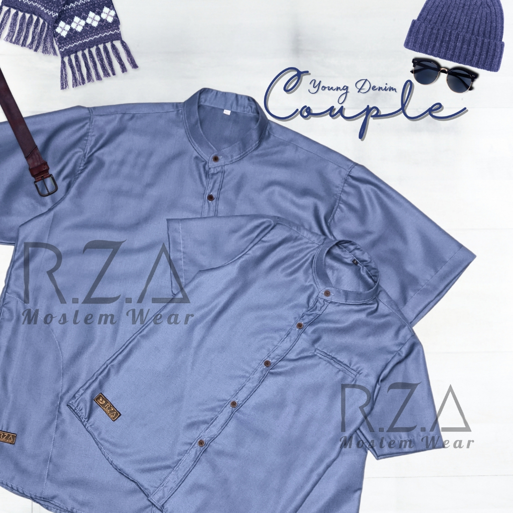 Koko Denim Muda Dewasa Anak Kemeja Couple Warna Biru Jeans Panjang Pendek Polos Toyobo Sarimbit Musl