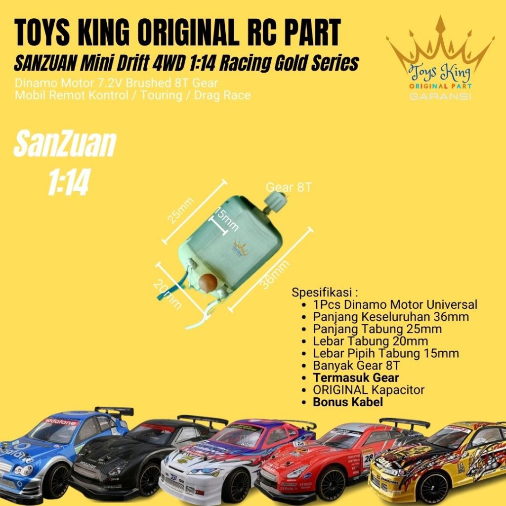 Dinamo Motor 7.2V Brushed 8T Gear RC Car SANZUAN Mini Drift 4WD  1:14 Racing Gold Series TOY KING OR