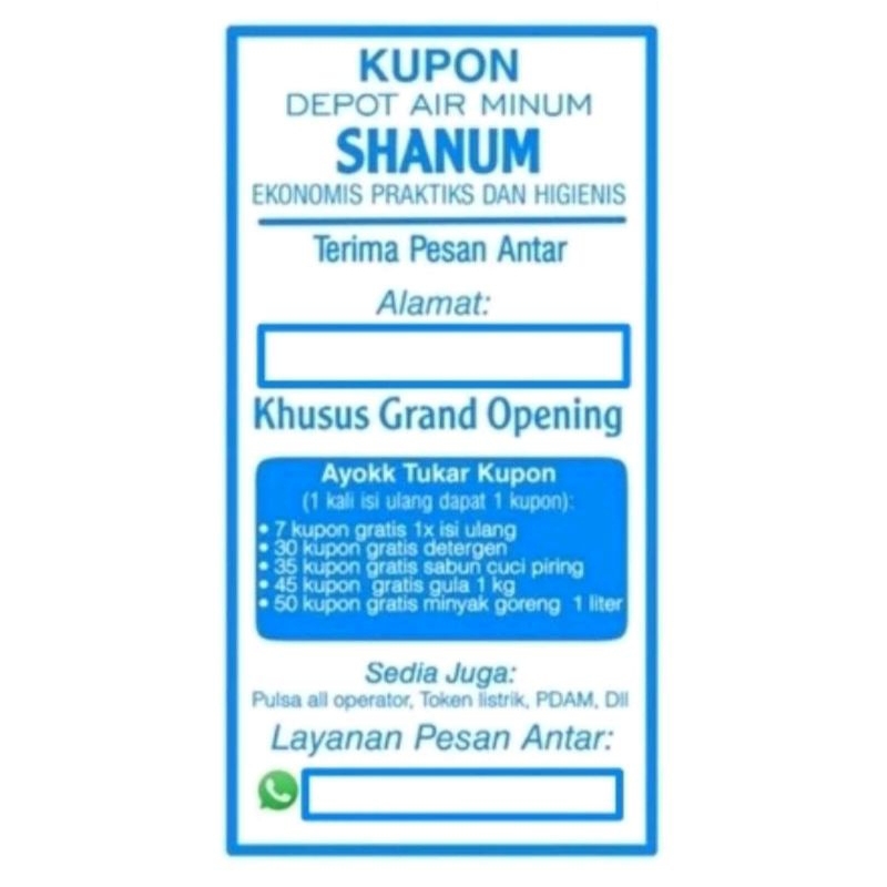 

(MINIMAL ORDER 100 PCS) KUPON AIR GALON BISA RUBAH TULISAN