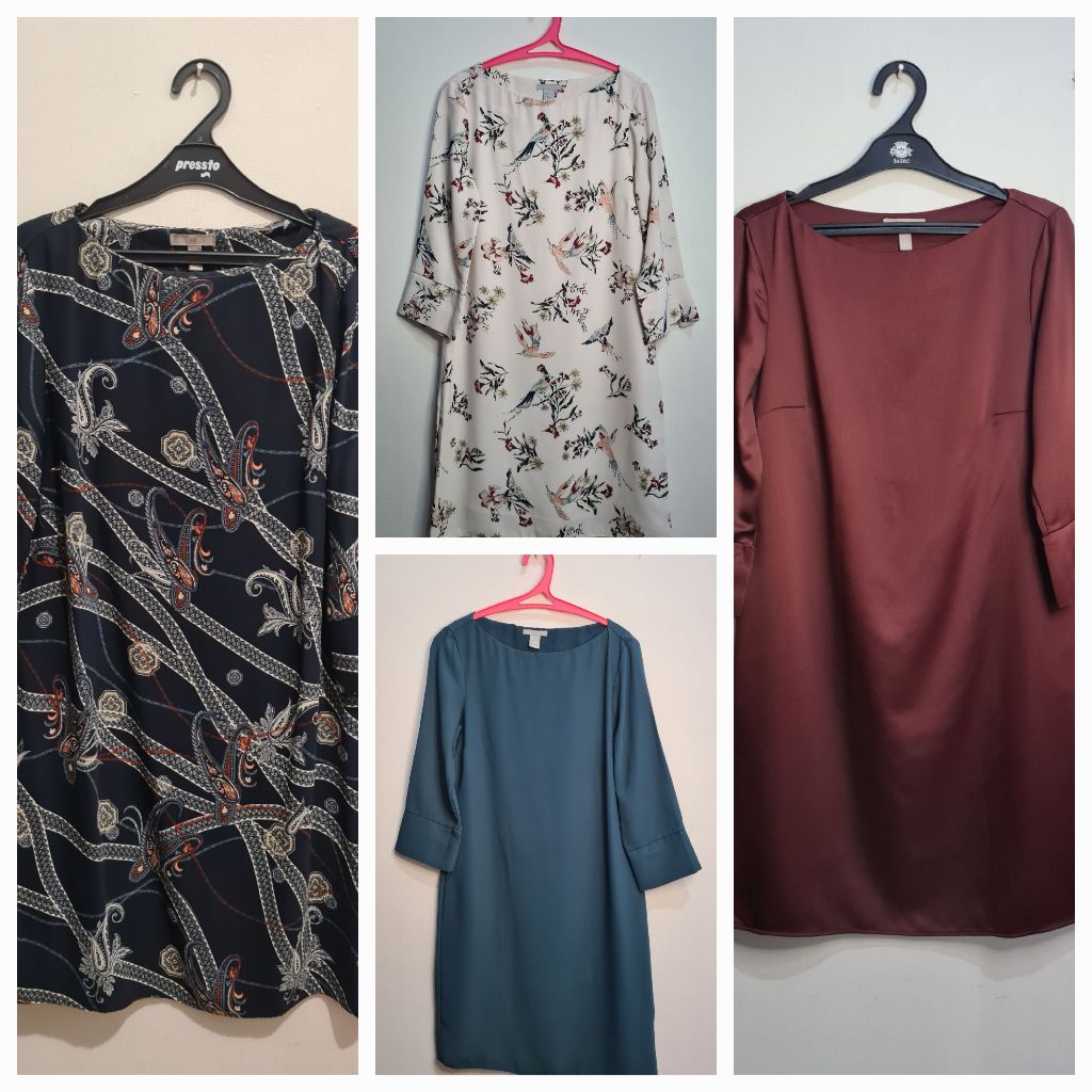 H&M Floral Crem White Multicolor Blue Maroon Green Midi Dress Gaun Medium Krem Putih Biru Hijau Mera