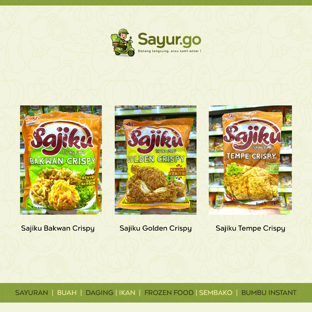 

Sajiku Tepung Bumbu Bakwan Crispy, Golden Crispy, Tempe Crispy | Toko Sayurgo Bandung