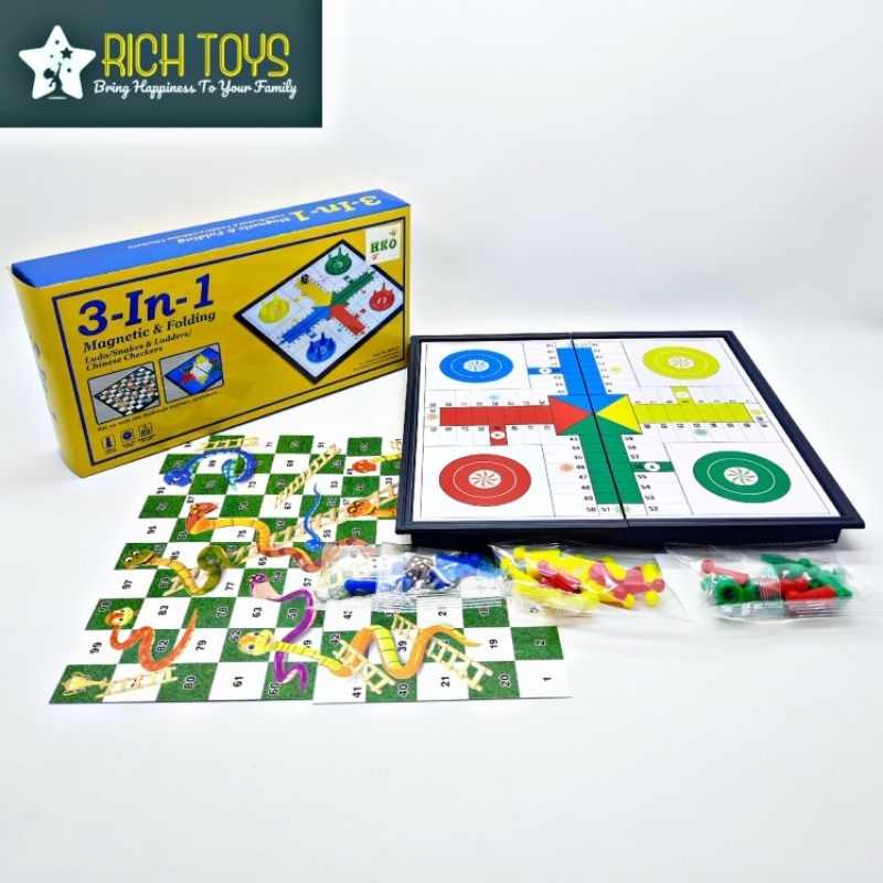 Magnetic Folding 3in1 Mainan Board Game Ludo Ular Tangga Halma Edukasi Anak 6+ Tahun Praktis Lipat P