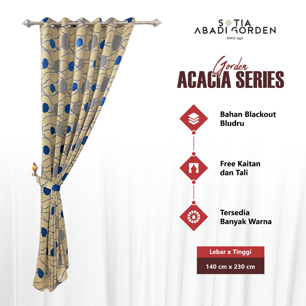 Gorden Blackout Bludru Polkadot Acacia Series Gordeng 12 Lubang L 140 Cm x T 230 Cm Jahitan Rapi Jen