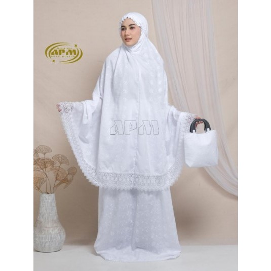 APM Mukena - Mukena Syarifah Apm Penutup Dagu Katun Paris Putih Bordir Jumbo Premium Renda Motif Mew