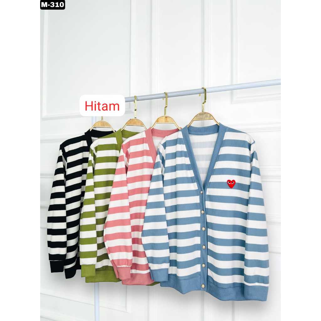 NANDO CARDIGAN CDG LOVE PLAY WANITA GARIS-GARIS BAHAN KNIT SALUR PREMIUM KANCING MUTIARA V NECK 310