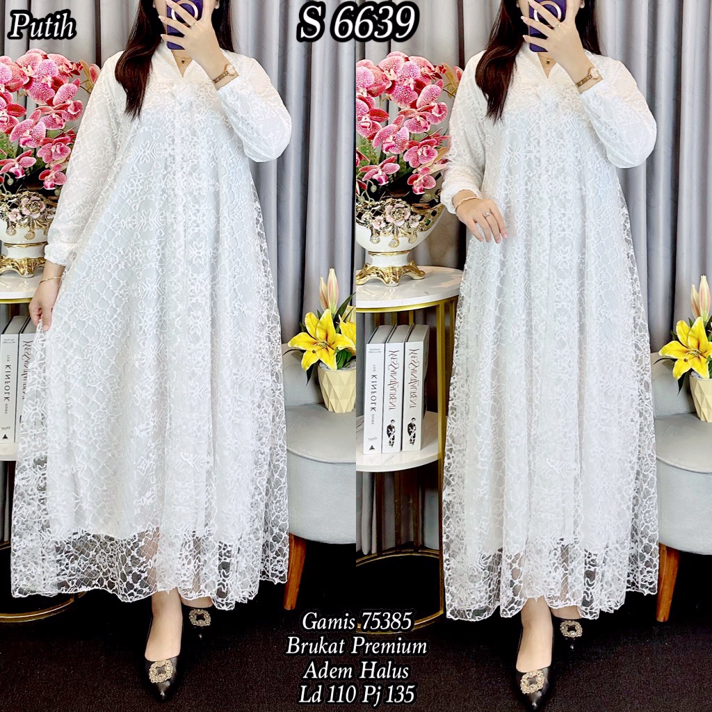 S 6639 Gamis Brukat Polos Putih
